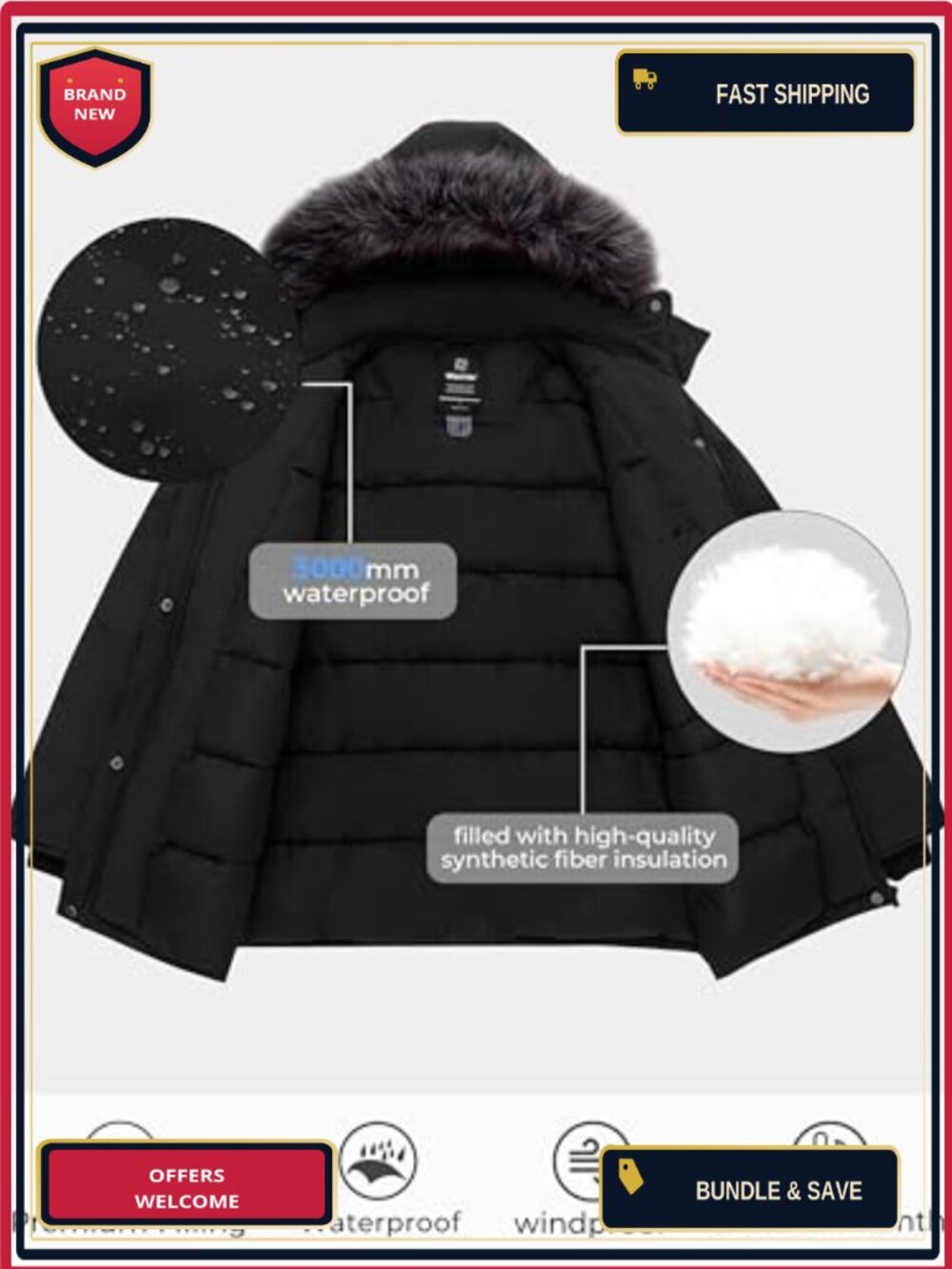 Women's Puffer Parka Jacket Winter Coat Waterproof Hooded Insulated Warm - Picture 4 of 5